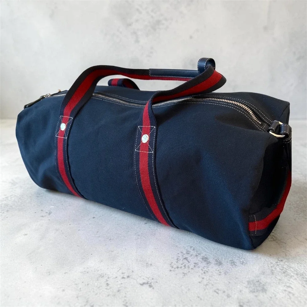 Gucci 816866 Duffle Bag Navy Canvas Red Blue Web Stripe Travel Weekend Bag